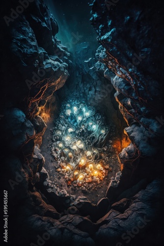 (2:3) Fantasy meets colorful serenity in this beautiful aerial hidden cave with glowing crystals and shimmering gems Nighttime view featuring the tranquil hours Generative AI