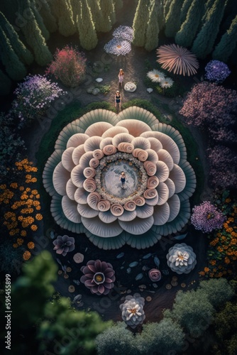 (2:3) breathtaking aerial view of the colorful magical garden with giant flowers and whimsical creatures Morning captured during the serene hours, with a touch of fantasy Generative AI © Get Stock