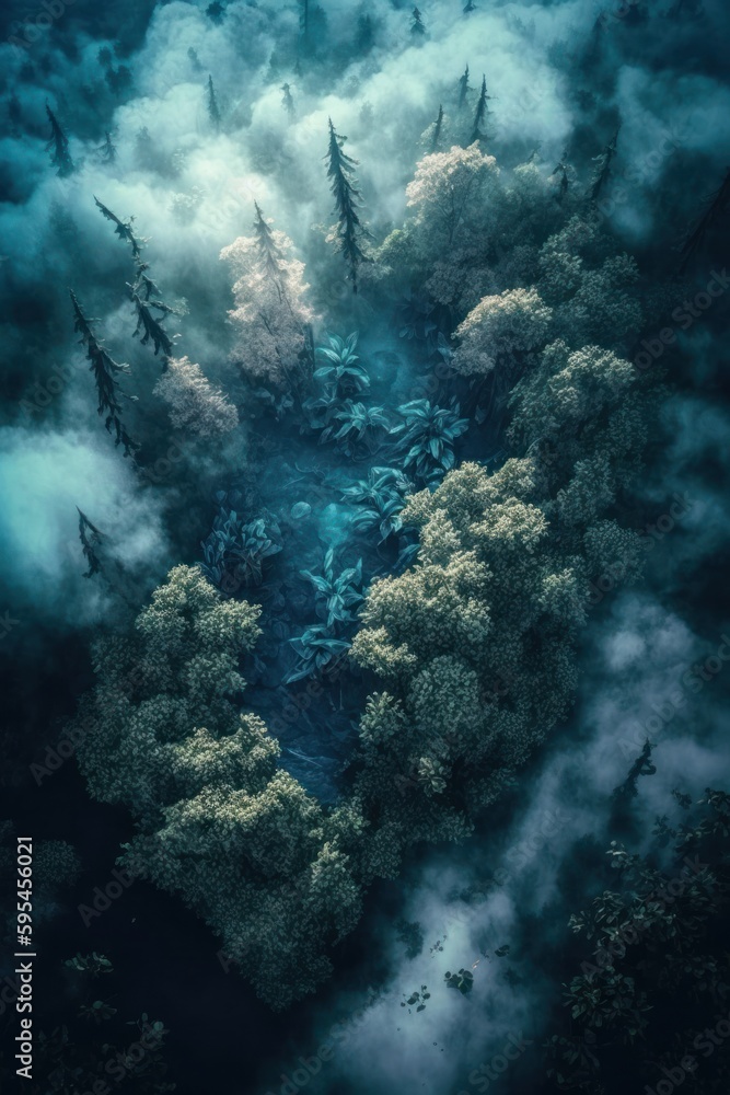 (2:3) Colorful Serenity: A breathtaking aerial view of the tranquil mystical foggy forest with fairies and mythical creatures Afternoon during serene hours, with fantasy Generative AI