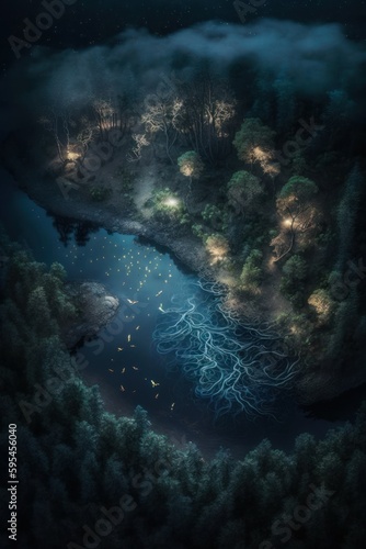  2 3  Colorful Serenity  A breathtaking aerial view of the tranquil mystical foggy forest with fairies and mythical creatures Midnight during serene hours  with fantasy Generative AI
