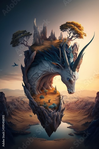 (2:3) Majestic colorful mythical creature habitat with unicorns, dragons, and griffins Sunset : A Stunning Aerial View with a Touch of Fantasy. Breathtaking Serenity Captured Generative AI photo