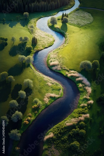 (2:3) Majestic colorful peaceful meadow with crystal-clear stream running through it Afternoon : A Stunning Aerial View with a Touch of Fantasy. Breathtaking Serenity Captured Generative AI