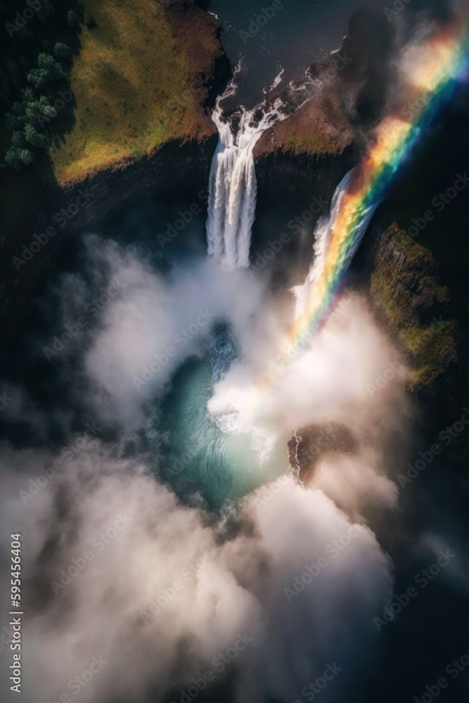 (2:3) breathtaking aerial view of the colorful towering waterfall with rainbows shimmering in the mist Afternoon captured during the serene hours, with a touch of fantasy Generative AI