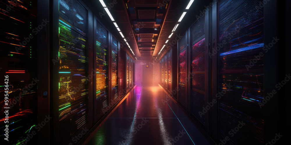 Corridor of computer servers. AI Generation