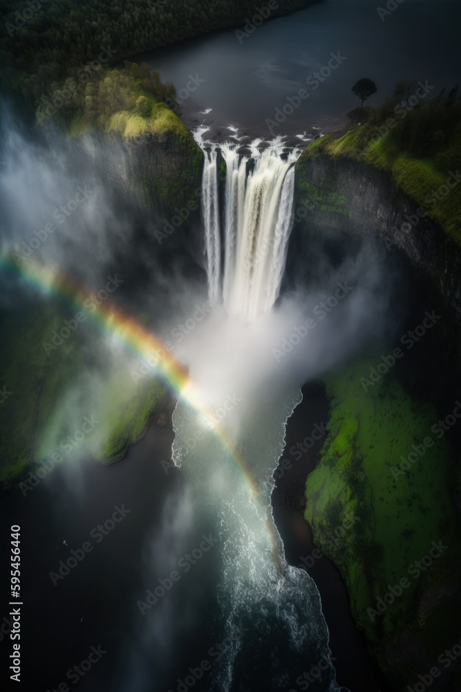(2:3) Colorful Serenity: A breathtaking aerial view of the tranquil towering waterfall with rainbows shimmering in the mist Morning during serene hours, with fantasy Generative AI