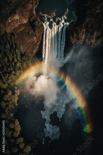  2 3  Majestic colorful towering waterfall with rainbows shimmering in the mist Evening   A Stunning Aerial View with a Touch of Fantasy. Breathtaking Serenity Captured Generative AI