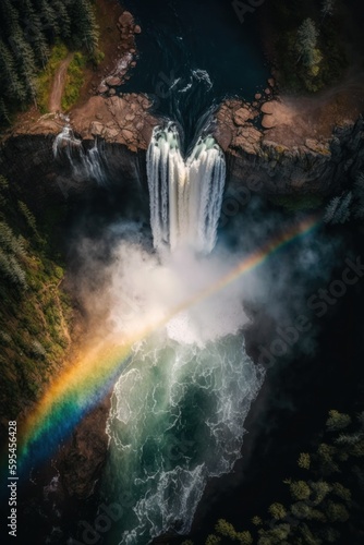 (2:3) Majestic colorful towering waterfall with rainbows shimmering in the mist Midnight : A Stunning Aerial View with a Touch of Fantasy. Breathtaking Serenity Captured Generative AI