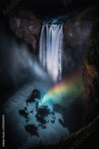  2 3  Majestic colorful towering waterfall with rainbows shimmering in the mist Nighttime   A Stunning Aerial View with a Touch of Fantasy. Breathtaking Serenity Captured Generative AI