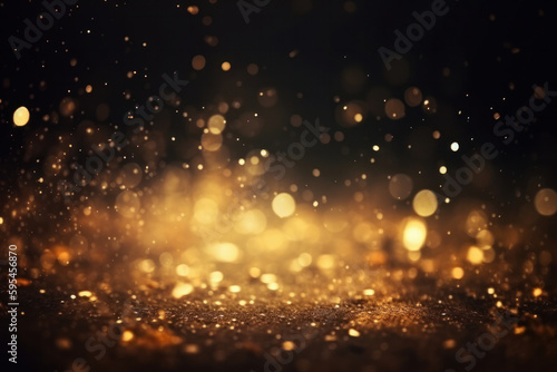 Golden glitter particles on a dark backdrop with bokeh lights and defocused Twinkly Lights. Shiny texture for festive celebration and luxury gala. AI Generative.