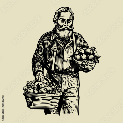 Old man holding basket of apples. Hand drawn vintage engraving style woodcut vector illustration.	