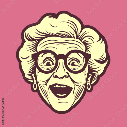 Excited grandma portrait. Hand drawn vintage engraving style woodcut vector illustration. 