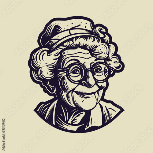 Grandma wearing hat and glasses. Hand drawn vintage engraving style woodcut vector illustration.	