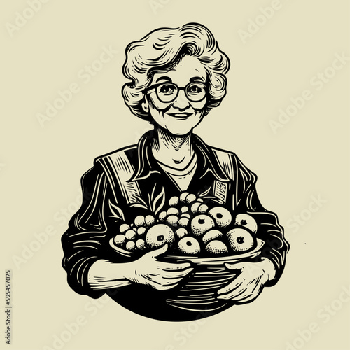 Grandma holding basket of fruits. Hand drawn vintage engraving style woodcut vector illustration.	