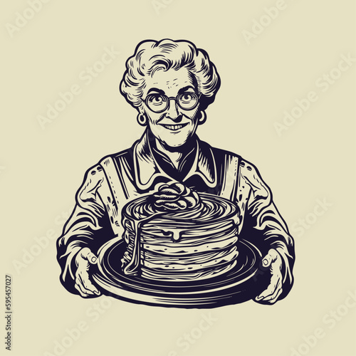 Grandma holding cake on a tray. Hand drawn vintage engraving style woodcut vector illustration.	
