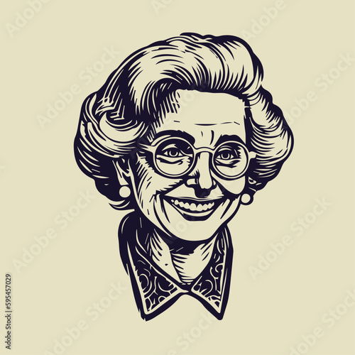 Old lady with glasses. Hand drawn vintage engraving style woodcut vector illustration.	