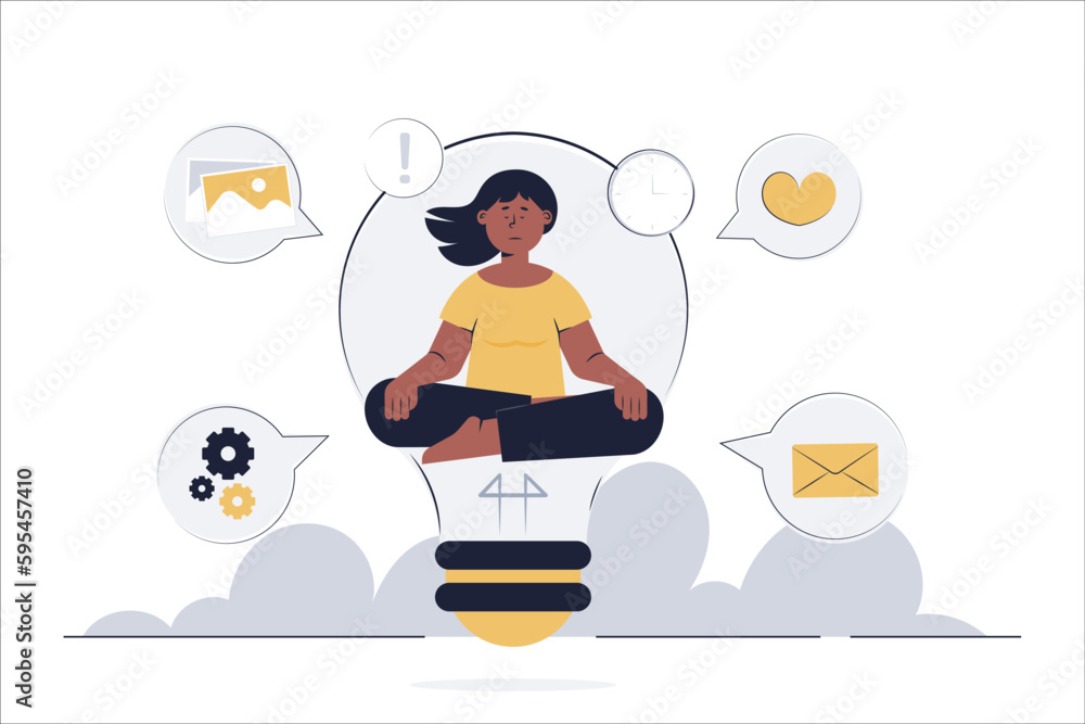 A young woman meditating to come up with new ideas for managing her responsibilities. A young woman meditating to come up with new ideas for managing her responsibilities.