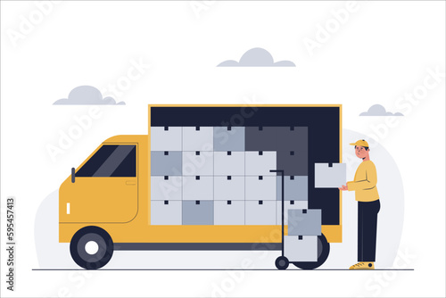Delivery workers are placing products inside the trucks for delivery to the ordering company.