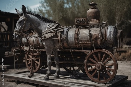 Antique steam-powered burro on rustic board. Generative AI