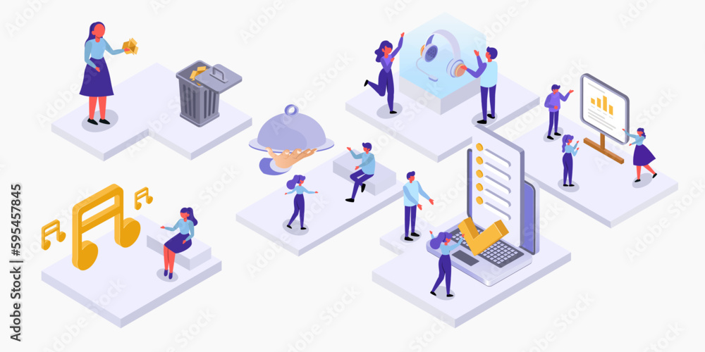 Set isometric lifestyle of people in differnce activity
