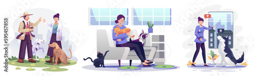 People and pets. Cat and dog with Man and woman pet owner characters