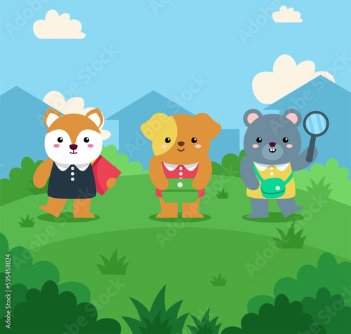 set of cute animal hiking and camping in nature outdoor