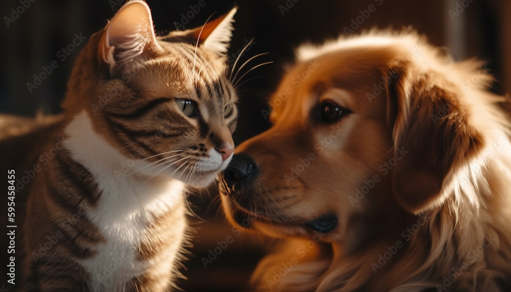 Cute puppy and kitten playing outdoors together generated by AI