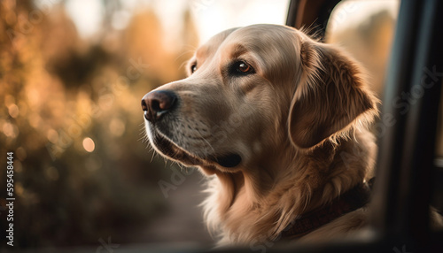 Cute golden retriever puppy sitting outdoors in nature generated by AI