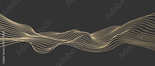 Vector abstract line art wavy smooth flowing dynamic gold gradient isolated black background in concept luxury, wave, ocean