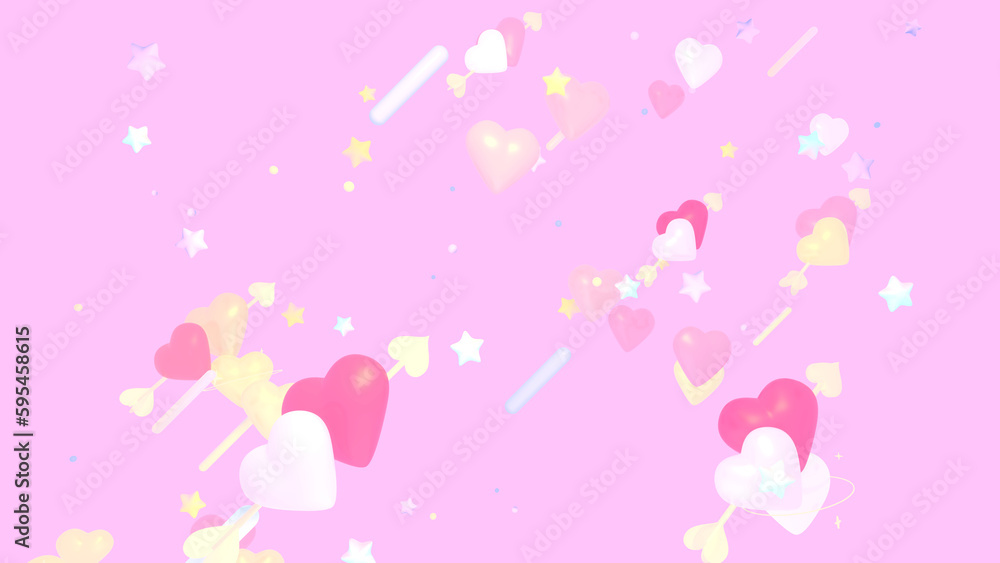 3d rendered hearts and stars in the pink sky.