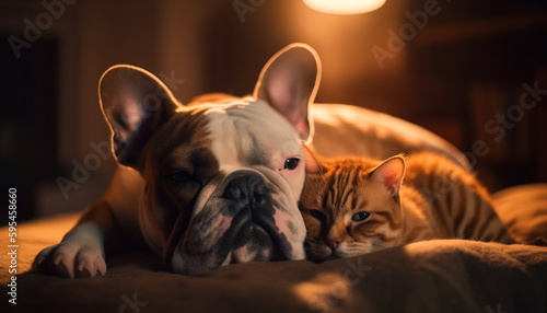 Cute French bulldog puppy sleeping on bed generated by AI © Jeronimo Ramos