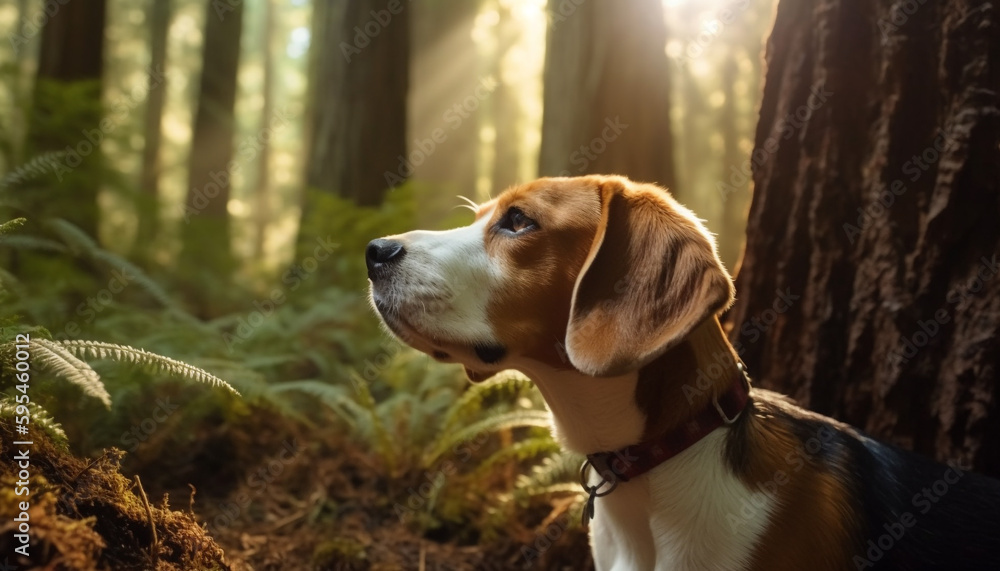 Beagle puppy sitting in grass, enjoying sunlight generated by AI