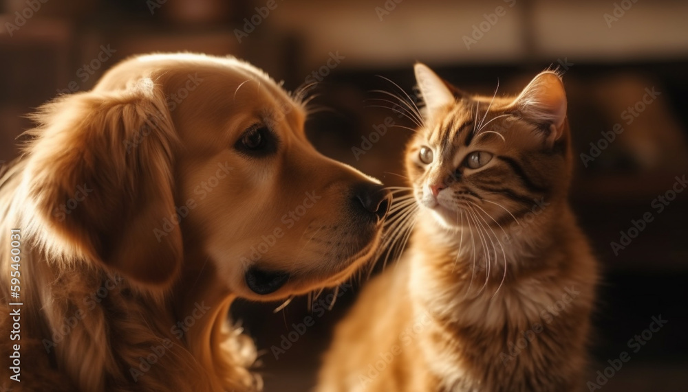 Yellow retriever and fluffy kitten play together indoors generated by AI