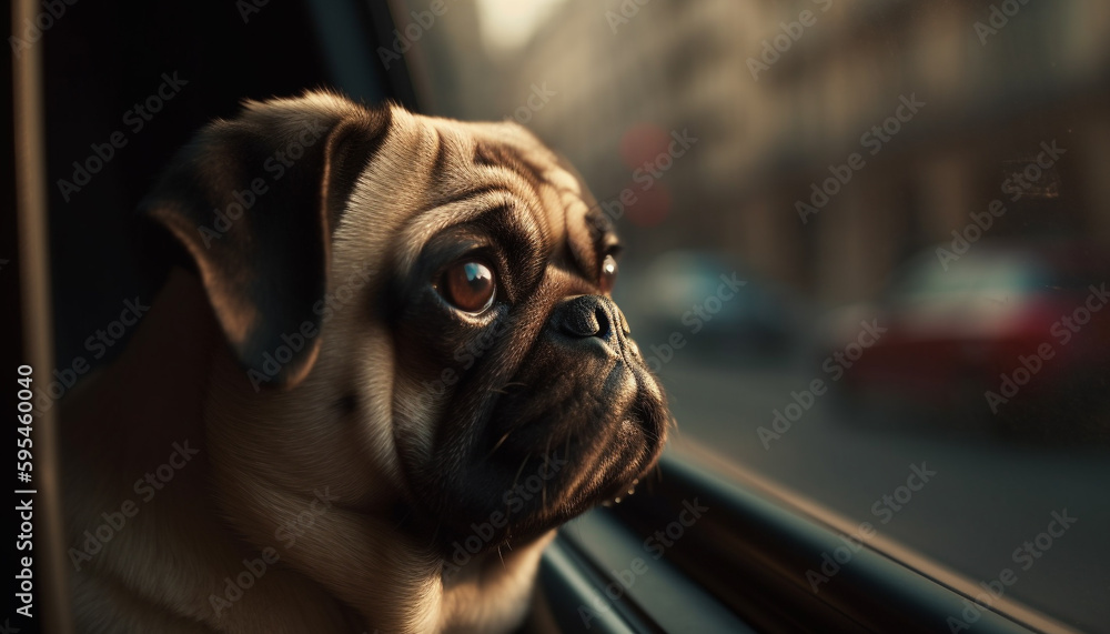 Cute purebred bulldog sitting in car, looking sad generated by AI