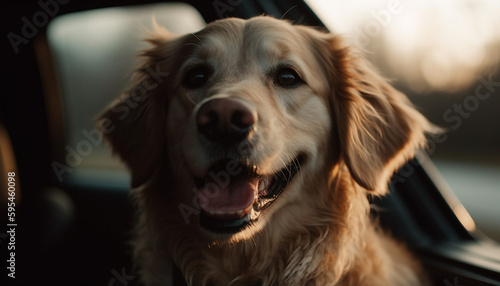 Golden retriever puppy sitting in car  smiling generated by AI