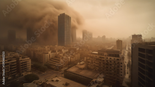 A modern city suffering the Dramatic sandstorm 