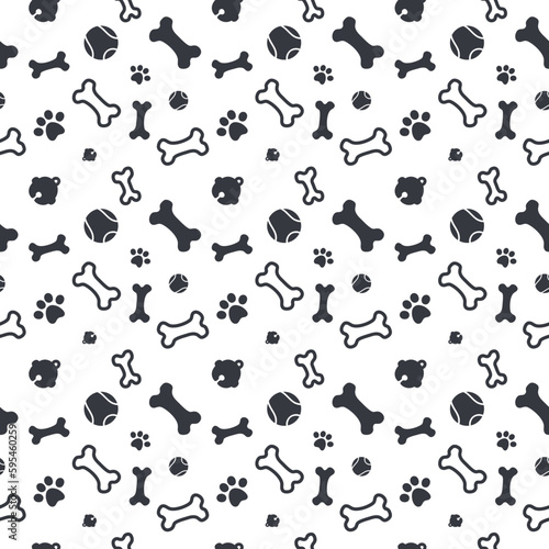 Seamless pattern cat, dog, paw footprint, and pet toy design background for wallpaper, wrapping, paper, and fabric. Vector illustration on isolated white background.
