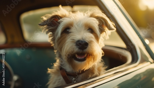 Cute terrier puppy sitting in car window generated by AI