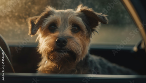 Purebred terrier puppy sitting in car window generated by AI