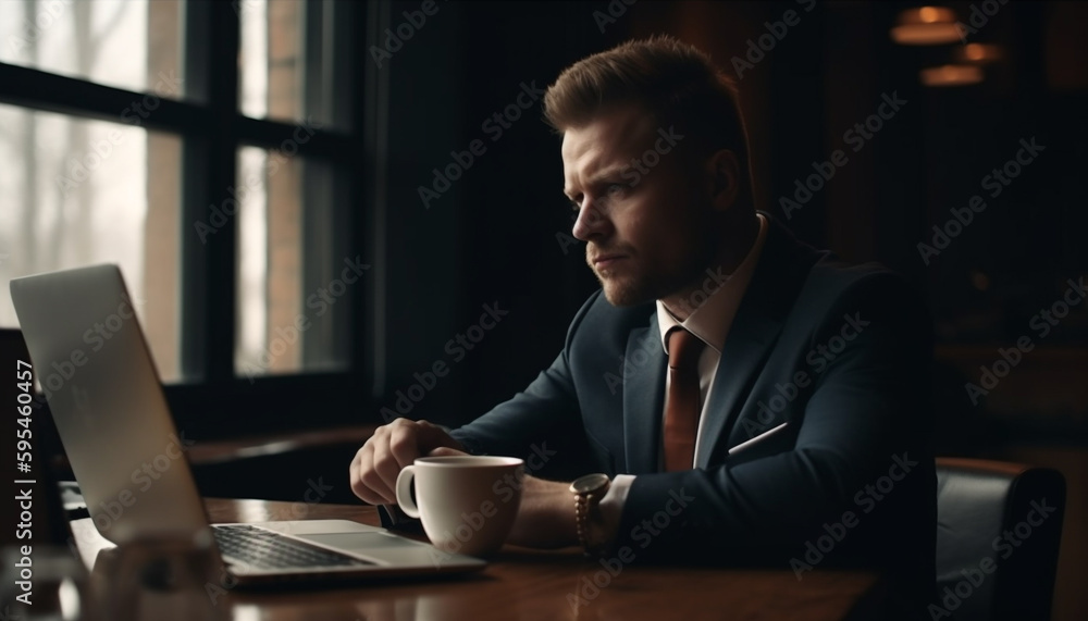 Confident businessman working late at modern office generated by AI Confident businessman working late at modern office generated by AI