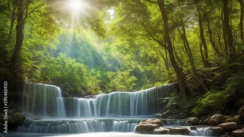 An Expressive Image Of A Waterfall In A Forest With Sun Shining Through The Trees AI Generative