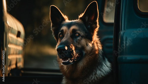 Purebred German Shepherd puppy sitting in car outdoors generated by AI