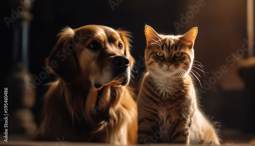 Cute pets sitting together, looking at camera generated by AI