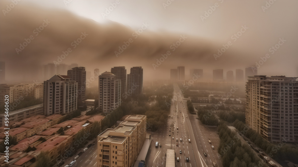 Dramatic sandstorm over the modern city
