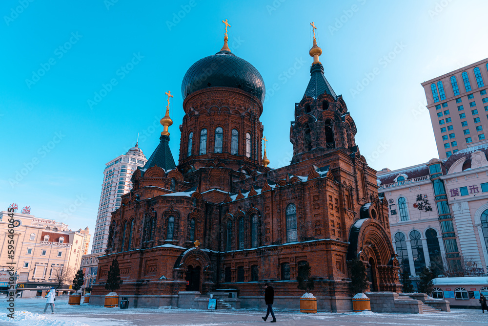 Fototapeta premium Saint Sophia Cathedral, located in Sophia Square, Daoli District, Harbin, Heilongjiang Province, China, is a Byzantine style Orthodox church built in 1907 and is a landmark of Harbin.