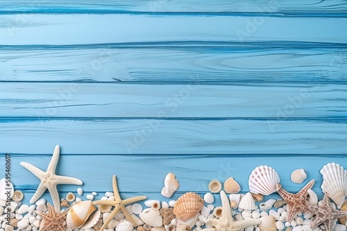 blue wooden background and sand, Summer time concept with sea shells and starfish by ai generative