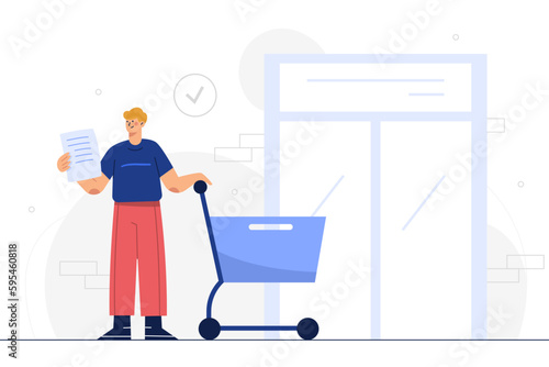 Young man with shopping cart and paper list in superstore