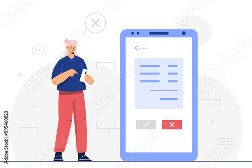 Young woman answering survey on smartphone