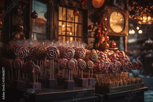 Festive candy shop selling Christmas lollipops. Generative AI