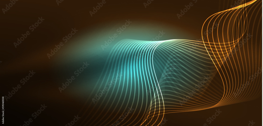 Shiny glowing neon wave. Neon light or laser show, electric impulse, power lines, techno quantum energy impulse, magic glowing dynamic lines Shiny glowing neon wave. Neon light or laser show, electric impulse, power lines, techno quantum energy impulse, magic glowing dynamic lines