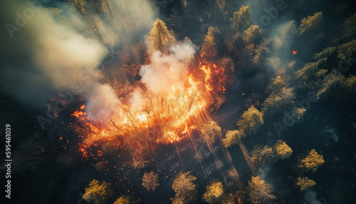 Glowing bonfire explodes in dark forest night generated by AI